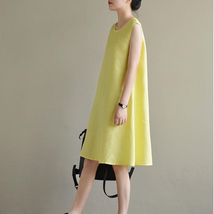 new yellow cute elegant linen sundress plus size casual dresses sleeveless slim women dress - Omychic