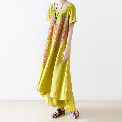 new yellow embroidery linen maxi dress oversize asymmetric sundress short sleeve dresses - Omychic