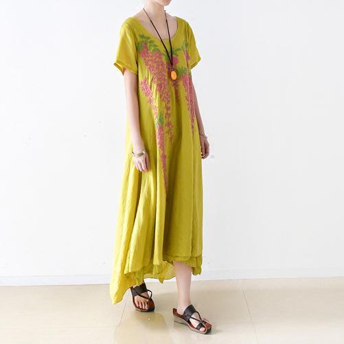 new yellow embroidery linen maxi dress oversize asymmetric sundress short sleeve dresses - Omychic