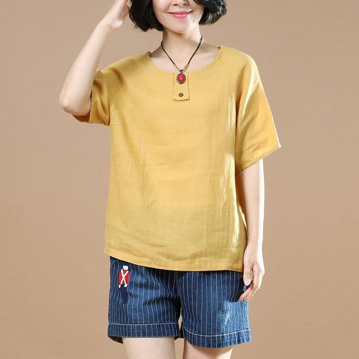 new yellow linen pullover women casual short sleeve t shirt - Omychic