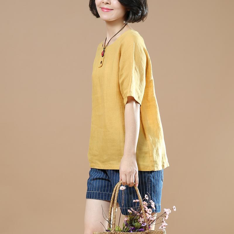new yellow linen pullover women casual short sleeve t shirt - Omychic