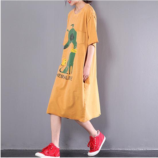 new yellow print THEM Alive summer dresses short sleeve cotton dress oversize sundress - Omychic