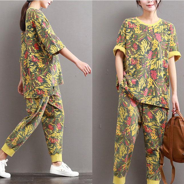new yellow prints casual linen blouse oversize cotton pants tops and pant two pieces - Omychic