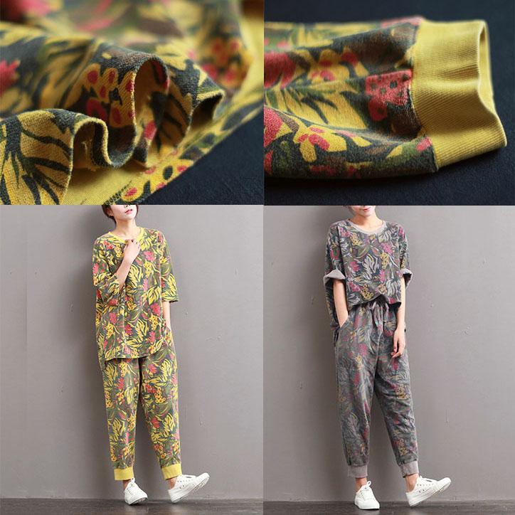 new yellow prints casual linen blouse oversize cotton pants tops and pant two pieces - Omychic