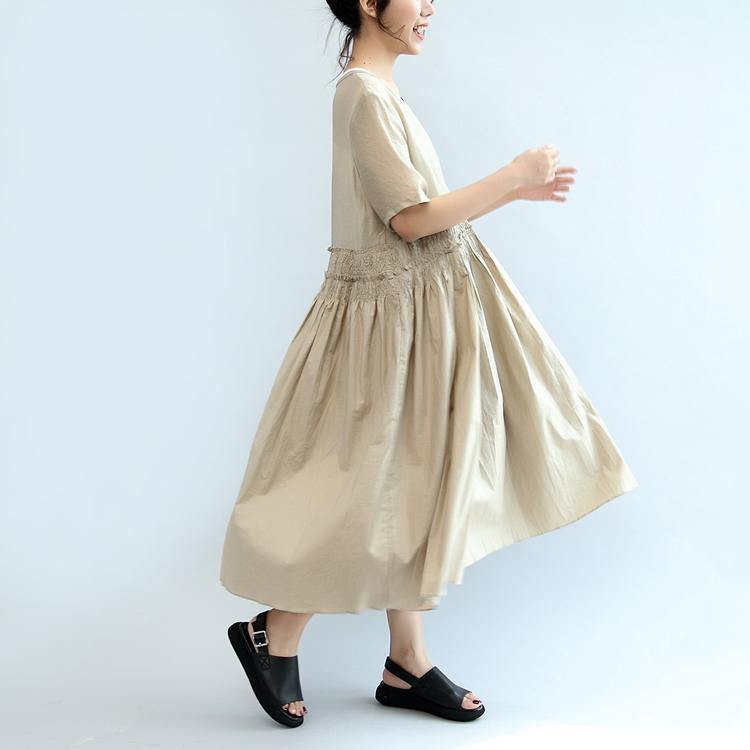 nude casual cotton dresses plus size elastic waist sundress short sleeve maxi dress - Omychic