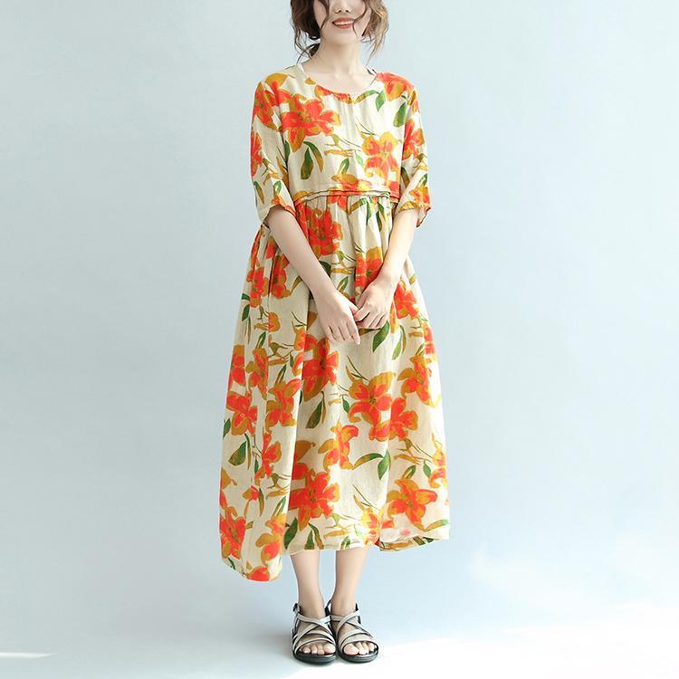 nude orange floral summer linen dresses casual plus size sundress cute high waist maxi dress - Omychic