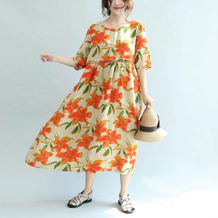 nude orange floral summer linen dresses casual plus size sundress cute high waist maxi dress - Omychic