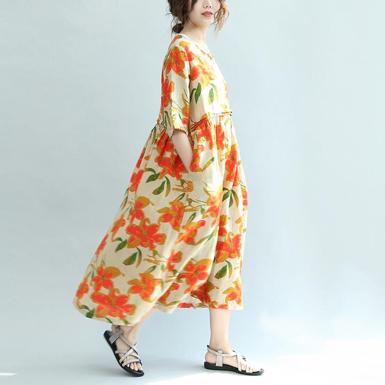 nude orange floral summer linen dresses casual plus size sundress cute high waist maxi dress - Omychic