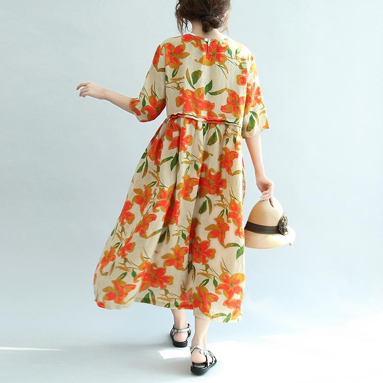 nude orange floral summer linen dresses casual plus size sundress cute high waist maxi dress - Omychic