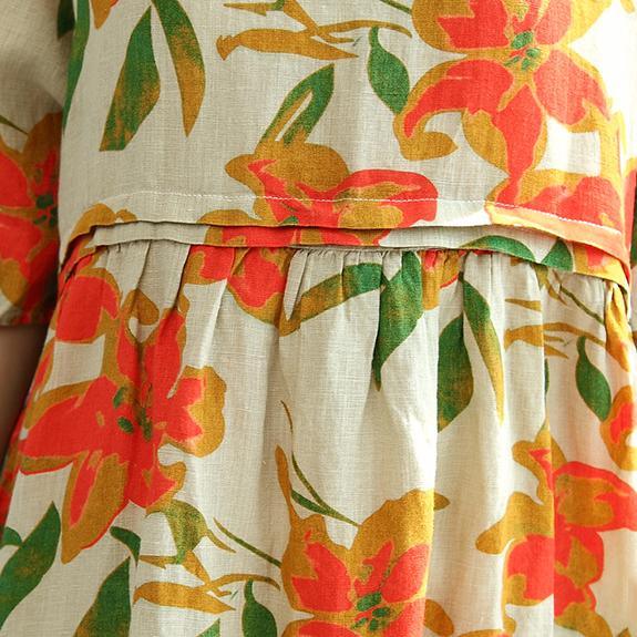 nude orange floral summer linen dresses casual plus size sundress cute high waist maxi dress - Omychic