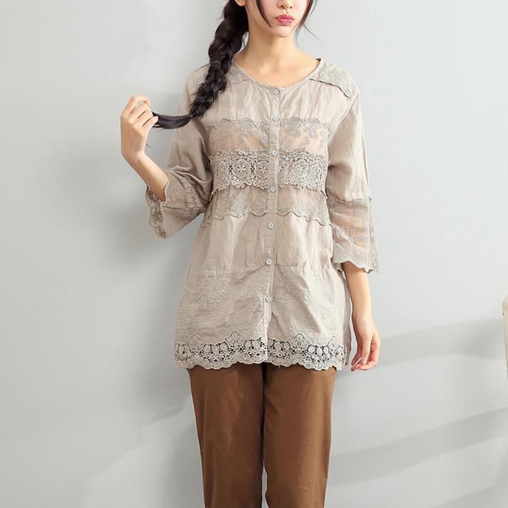 nude summer cotton shirt lace embroidery floral blouses casual linen tops - Omychic
