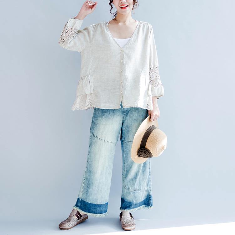 nude vintage linen tops layered casual cardigans long sleeve shirts - Omychic