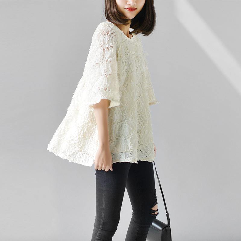 off nude lace shirts woman short lace tops plus size lace clothing - Omychic