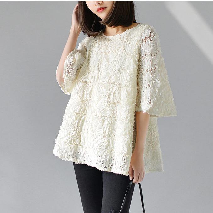 off nude lace shirts woman short lace tops plus size lace clothing - Omychic