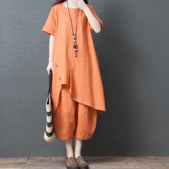 orange casual cotton linen two pieces low high design tops and crop pants - Omychic