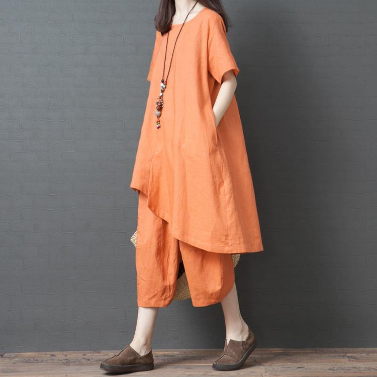 orange casual cotton linen two pieces low high design tops and crop pants - Omychic