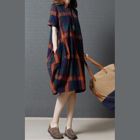 orange casual grid cotton sundress plus size pockets women dresses - Omychic