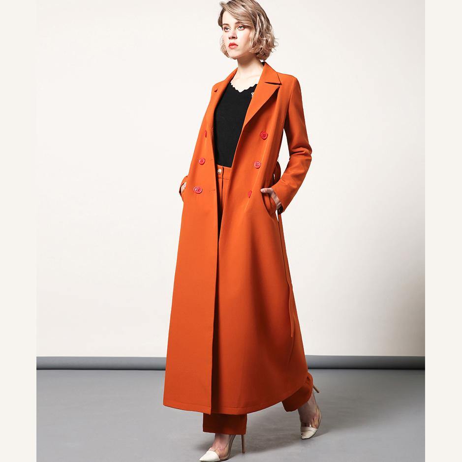 orange elegant tunic cotton blended trench coats lapel tie waist women outwear - Omychic