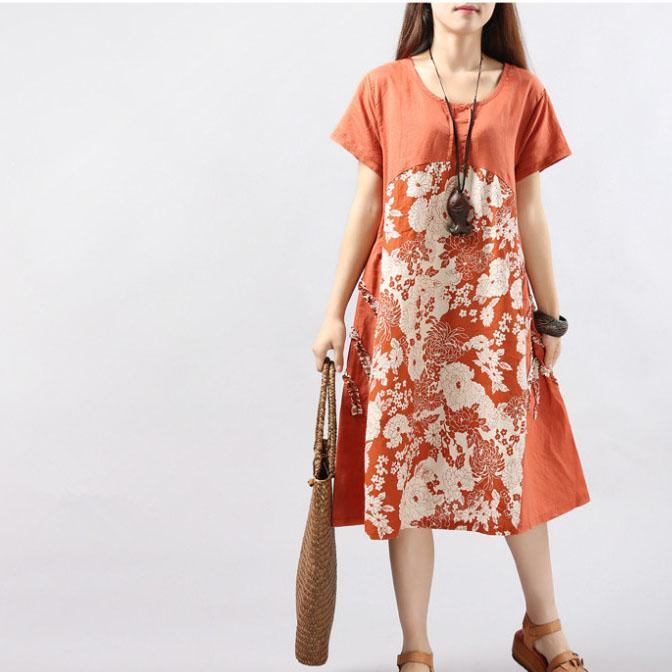 orange floral linen dresses patchwork oversize sundress short sleeve shirt dress - Omychic