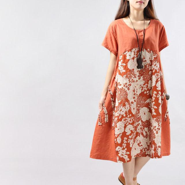 orange floral linen dresses patchwork oversize sundress short sleeve shirt dress - Omychic