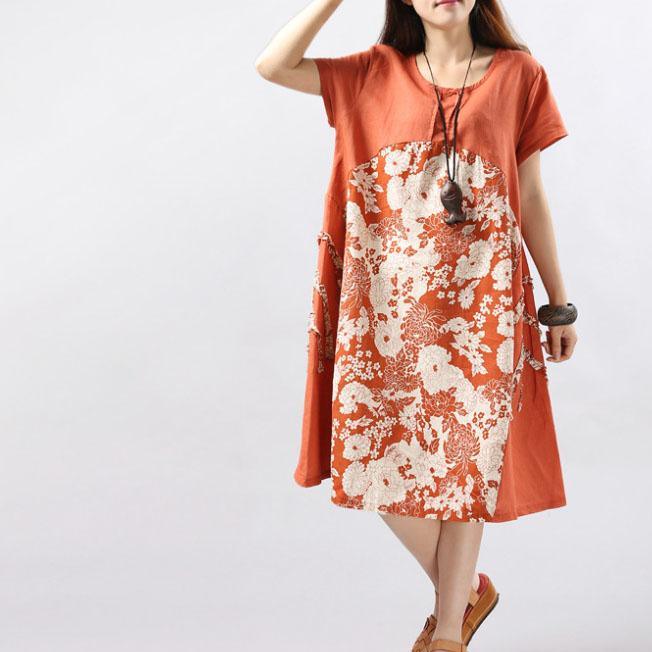 orange floral linen dresses patchwork oversize sundress short sleeve shirt dress - Omychic