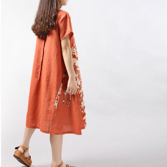 orange floral linen dresses patchwork oversize sundress short sleeve shirt dress - Omychic