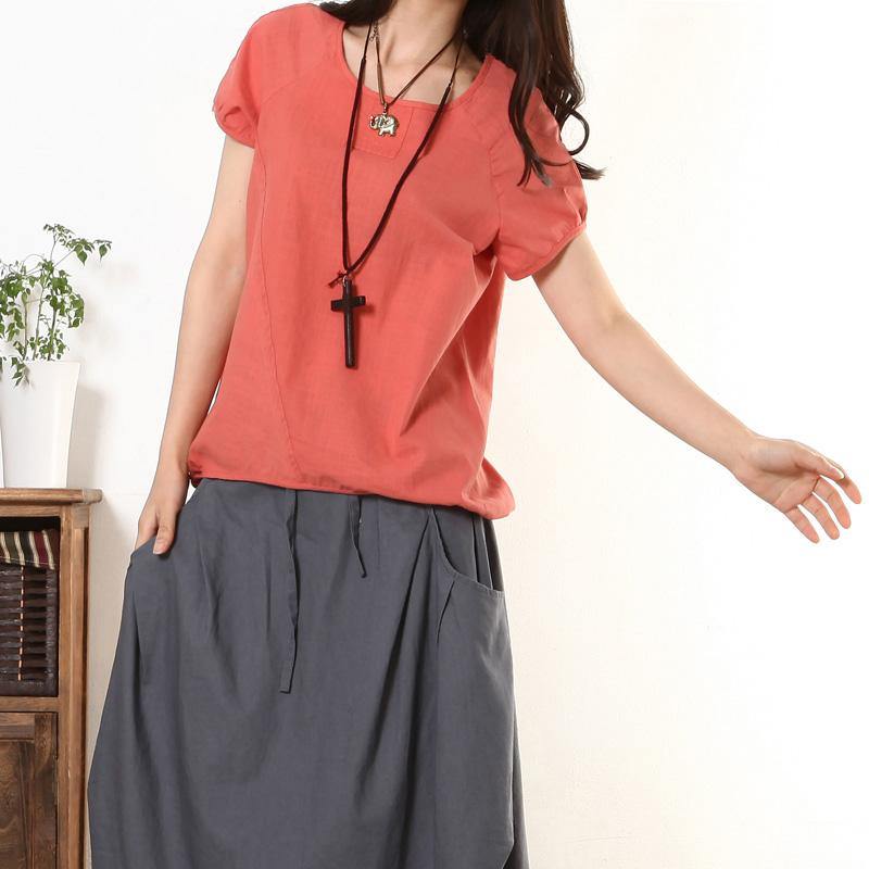 orange red women linen blouse loose casual short sleeve tops - Omychic