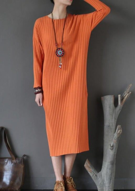 Orange Striped Fashion Sweater Cotton Dresses Casual Slim Batwing Sleeve Knitwear Maxi Dress - Omychic