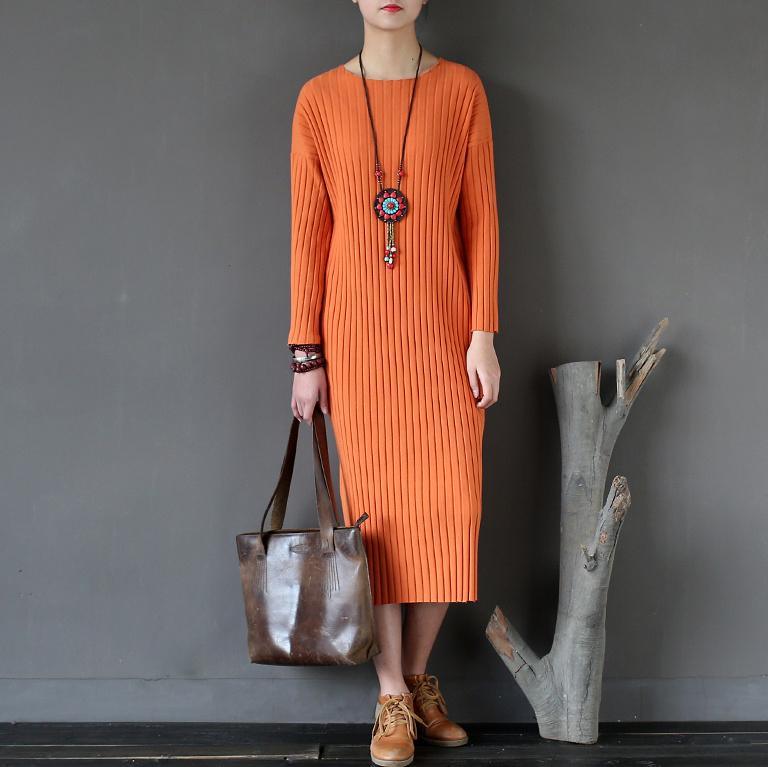 Orange Striped Fashion Sweater Cotton Dresses Casual Slim Batwing Sleeve Knitwear Maxi Dress - Omychic