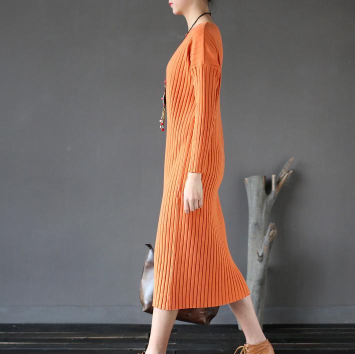 Orange Striped Fashion Sweater Cotton Dresses Casual Slim Batwing Sleeve Knitwear Maxi Dress - Omychic