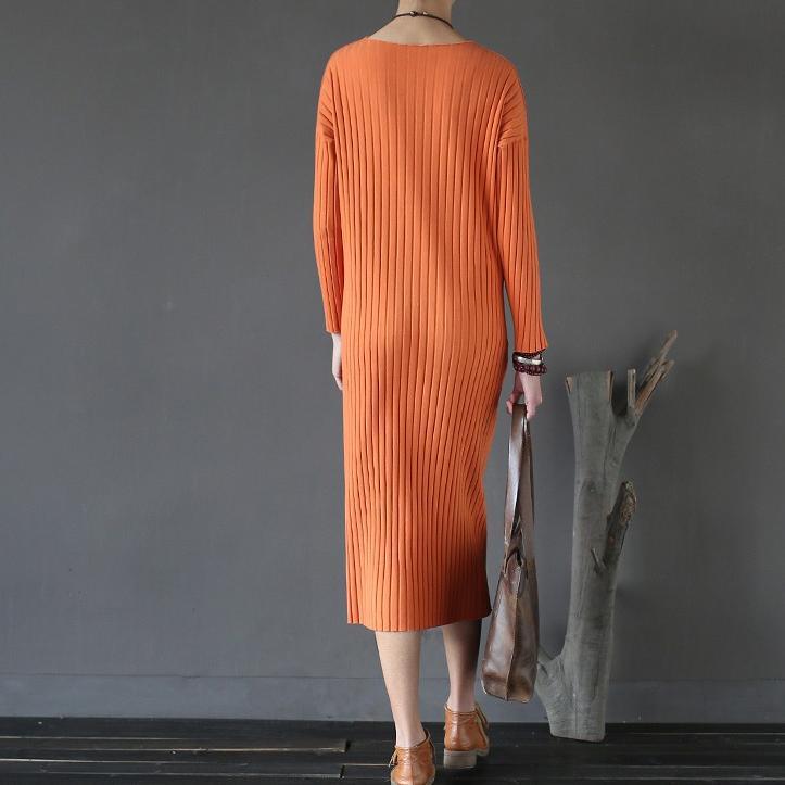 Orange Striped Fashion Sweater Cotton Dresses Casual Slim Batwing Sleeve Knitwear Maxi Dress - Omychic