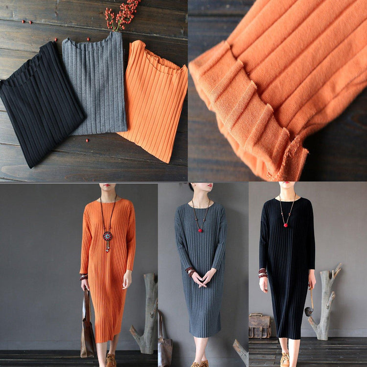 Orange Striped Fashion Sweater Cotton Dresses Casual Slim Batwing Sleeve Knitwear Maxi Dress - Omychic