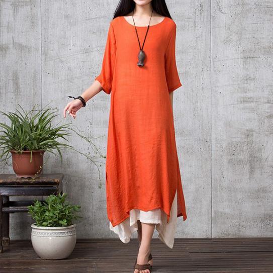 orange vintage linen dresses plus size layered sundress bracelet sleeved maxi dress - Omychic