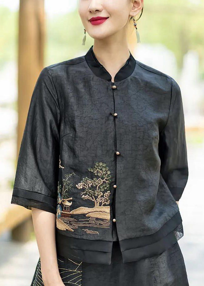 original design Black Stand Collar Embroideried Patchwork Silk Top Half Sleeve