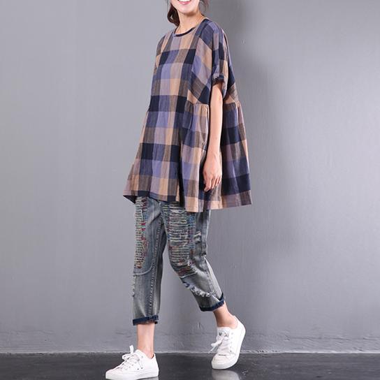 original baggy plaid casual cotton tops oversize ruffles short sleeve t shirts - Omychic