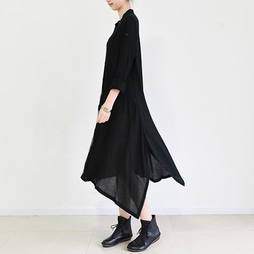 original black casual silk linen gown oversize asymmetric hem fashion maxi dress - Omychic