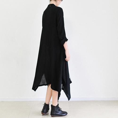 original black casual silk linen gown oversize asymmetric hem fashion maxi dress - Omychic