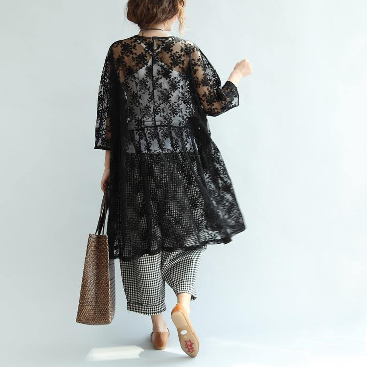 original black embroidery lace summer dresses plus size casual cotton sundress bracelet sleeved shirt dress - Omychic
