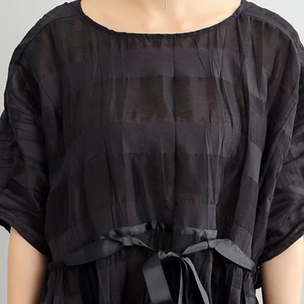 original black linen dress casual loose silk sundress o neck maxi dress - Omychic