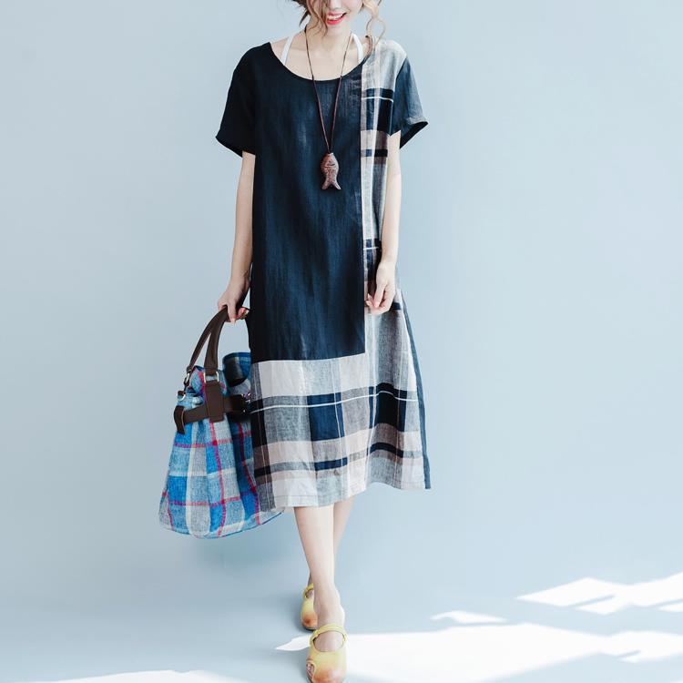 original black linen summer dress patchwork maxi dress short sleeve stylish sundress - Omychic