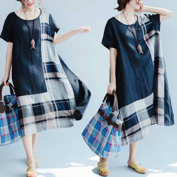 original black linen summer dress patchwork maxi dress short sleeve stylish sundress - Omychic