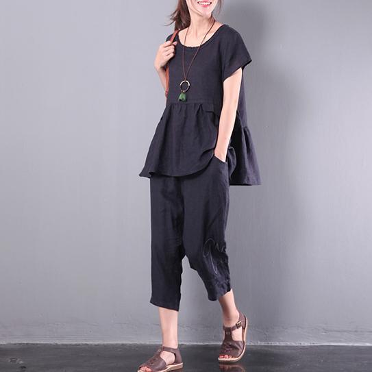 Original Black Patchwork Linen Blouse Casual Loose Pant Tops And Pants Two Pieces - Omychic