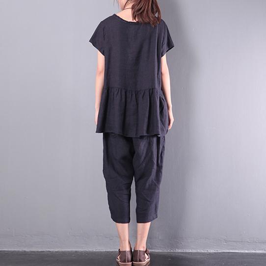 Original Black Patchwork Linen Blouse Casual Loose Pant Tops And Pants Two Pieces - Omychic
