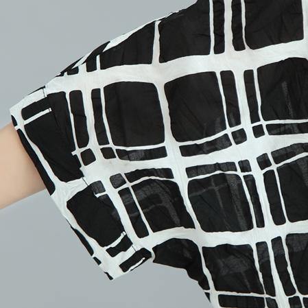 original black white plaid sundress cotton oversize casual dress short sleeve maxi dress - Omychic