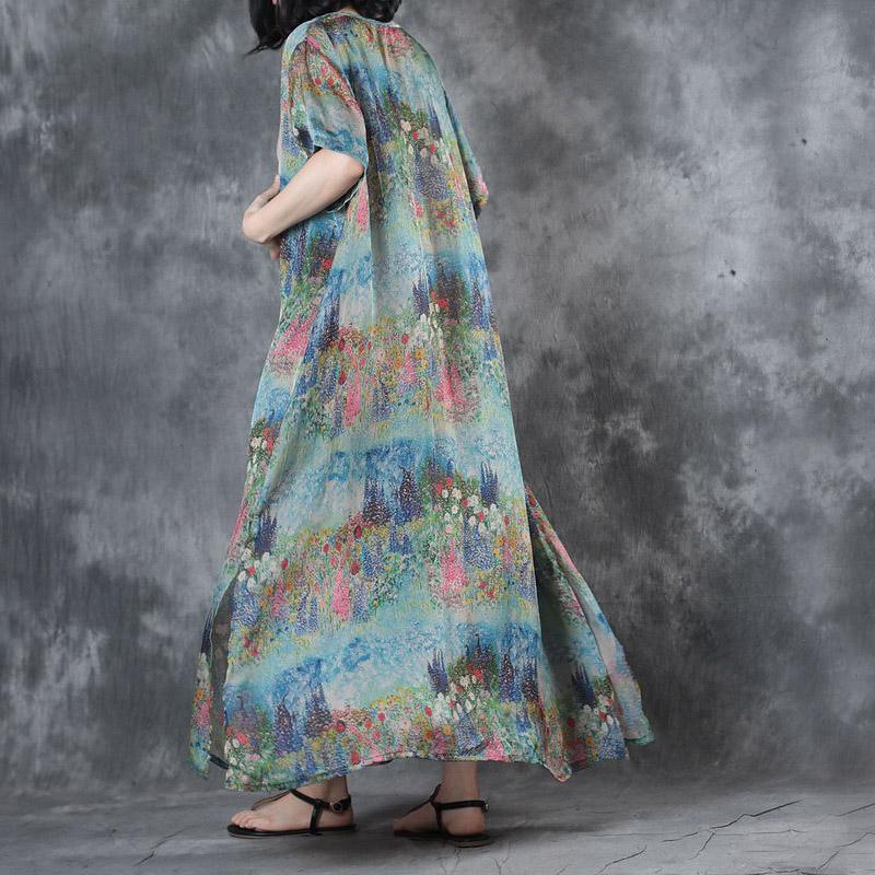 original blue print silk dresses plus size casual women sundress short sleeve cardigans maxi dress - Omychic