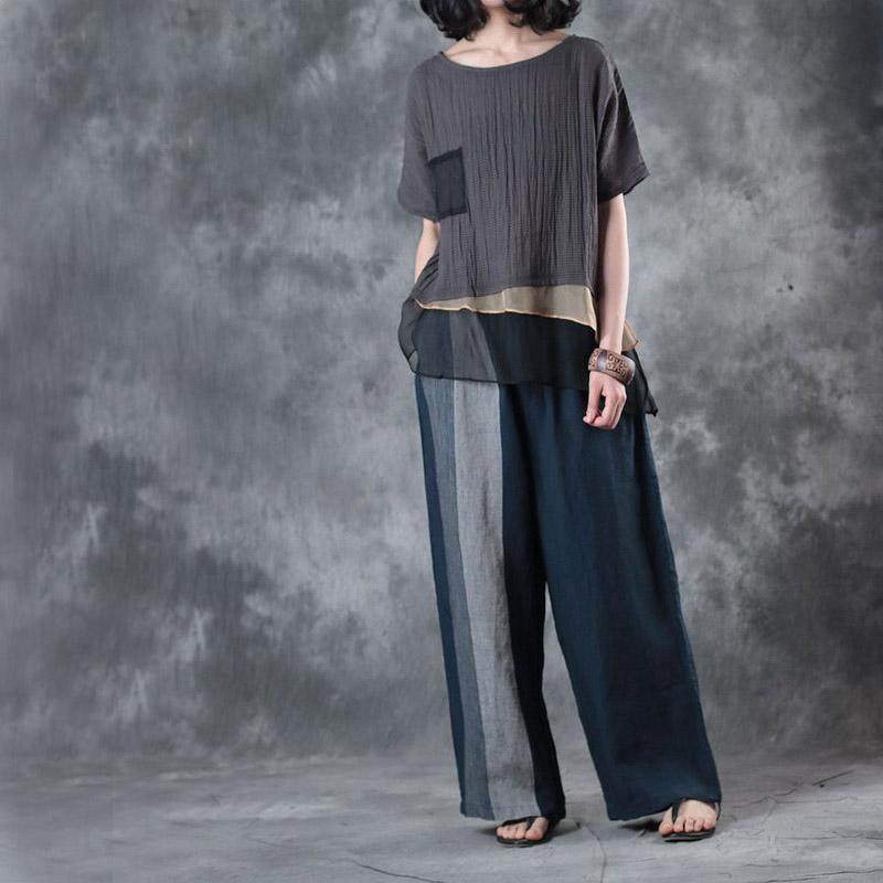 original brown summer silk blouse loose linen patchwork t shirt - Omychic