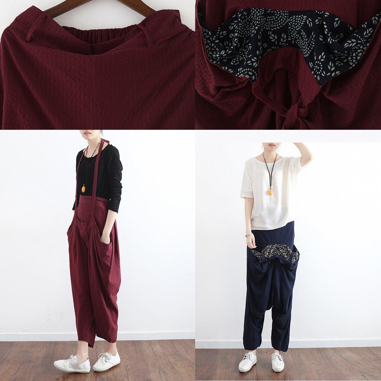 original burgundy patchwork linen pants loose casual harem pants - Omychic