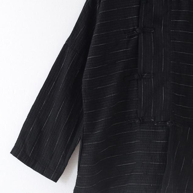 original design black linen blouse striped vintage Chinese button t shirt - Omychic