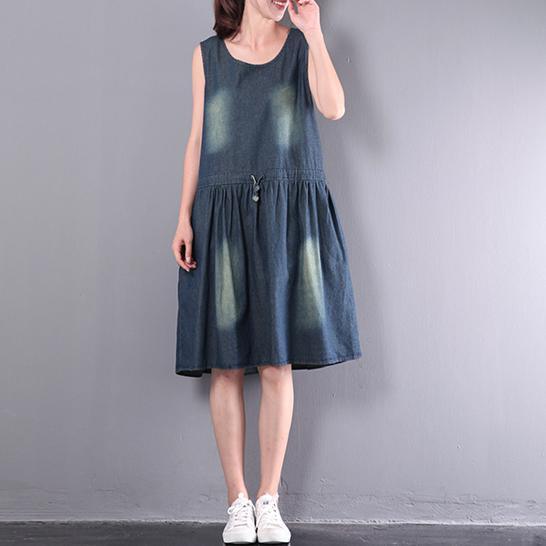 original design blue cotton dresses loose drawstring sundress sleeveless casual dress - Omychic