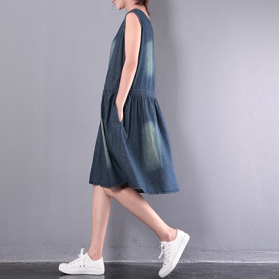 original design blue cotton dresses loose drawstring sundress sleeveless casual dress - Omychic